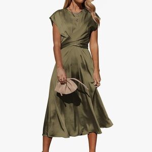 Green Pleated Wrap Midi Dress for Wedding Guest